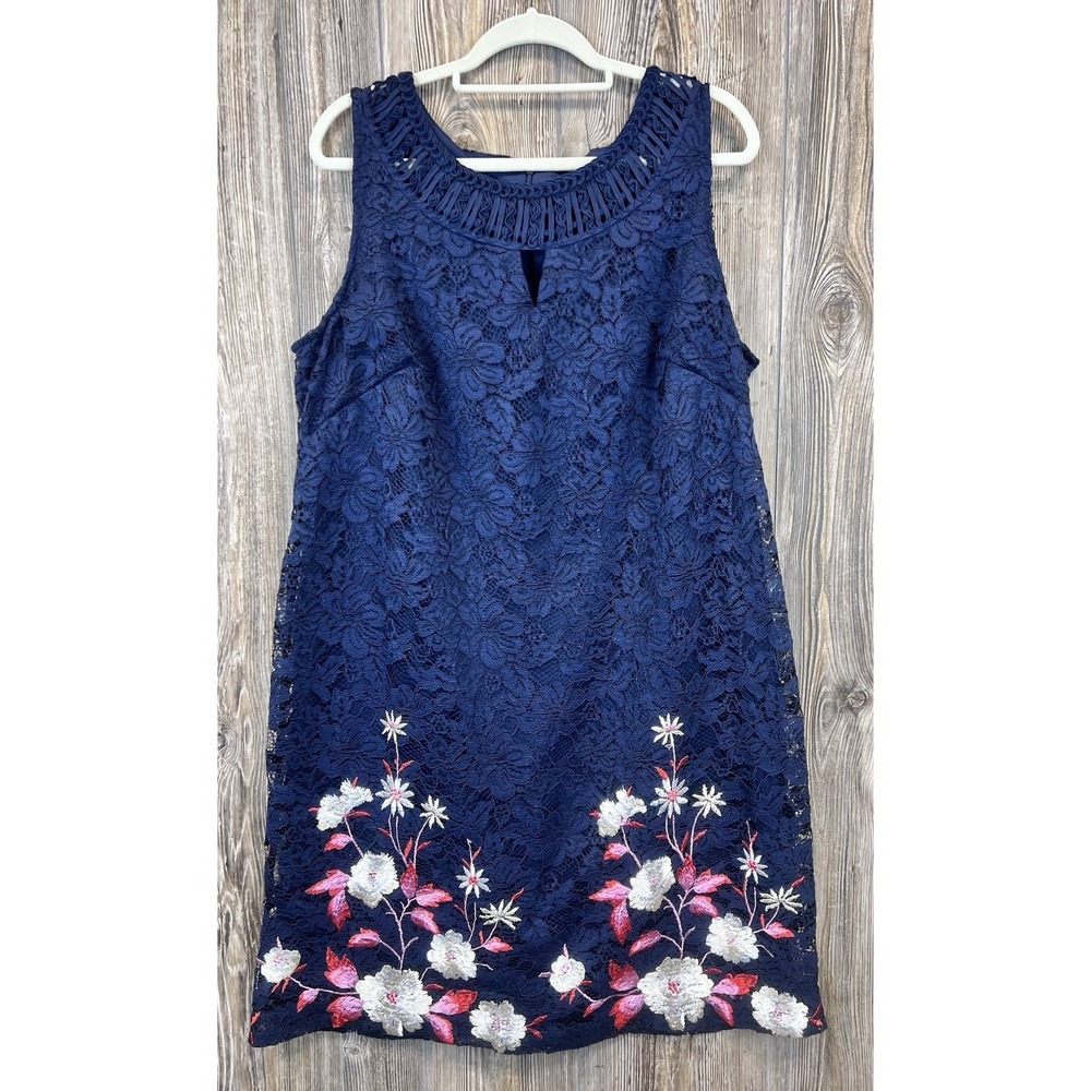 Roz & Ali Sleeveless Midi Dress Floral Lace Embroidered Blue Feminine Chic 18‎